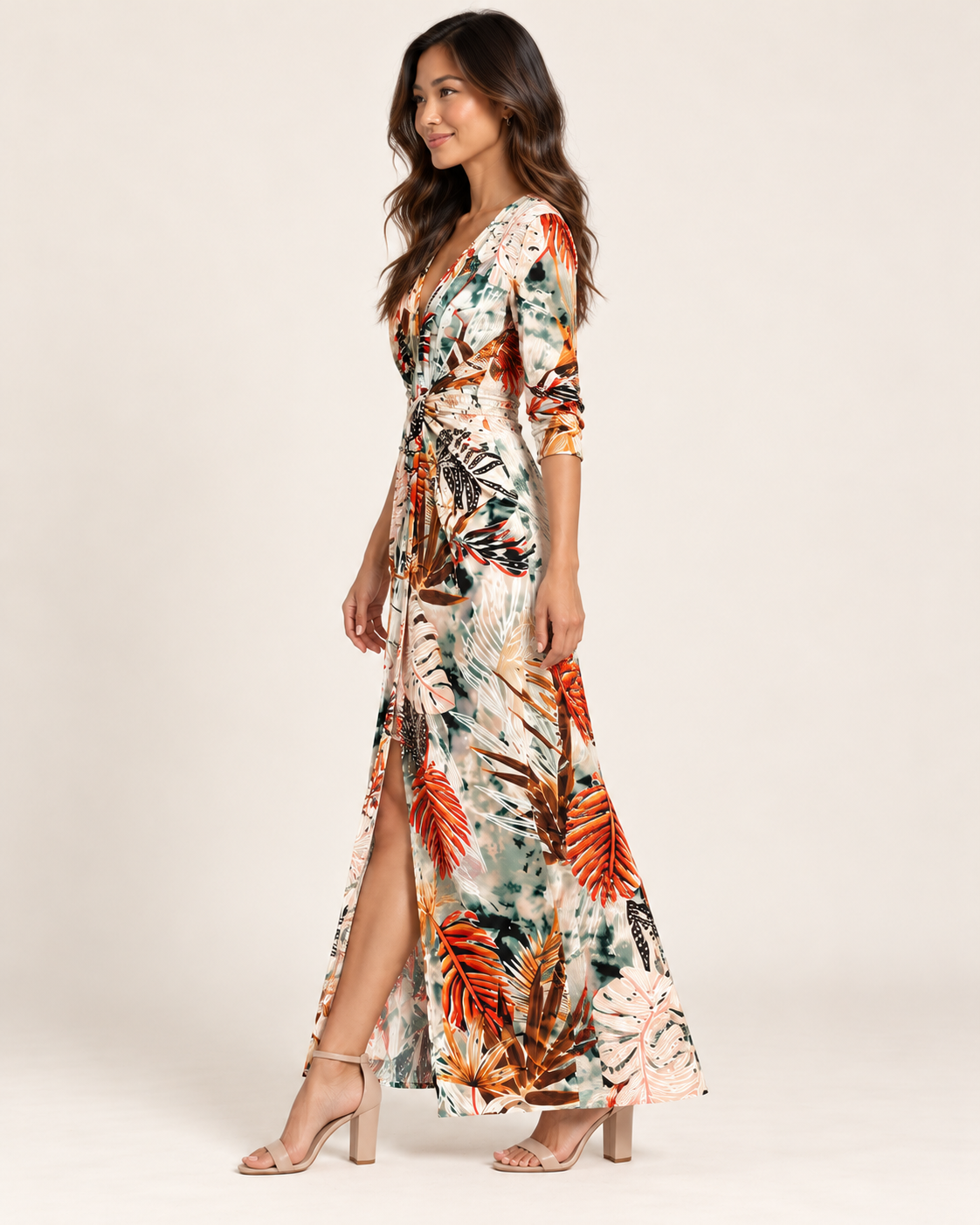 Orange feather-print dress on model, full side view