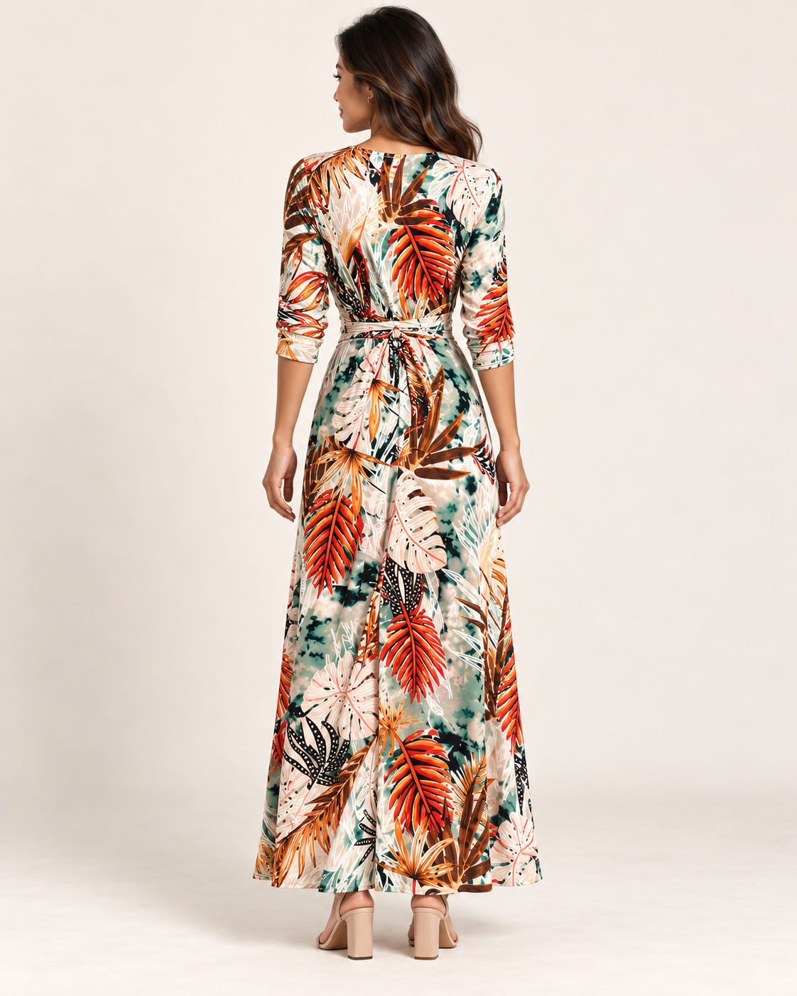 Orange feather-print dress on model, full back view