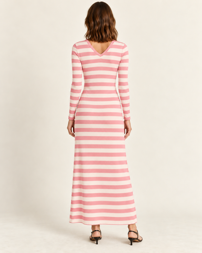 Women's Striped Long Sleeve V-Neck Maxi Dress — Pink, back view