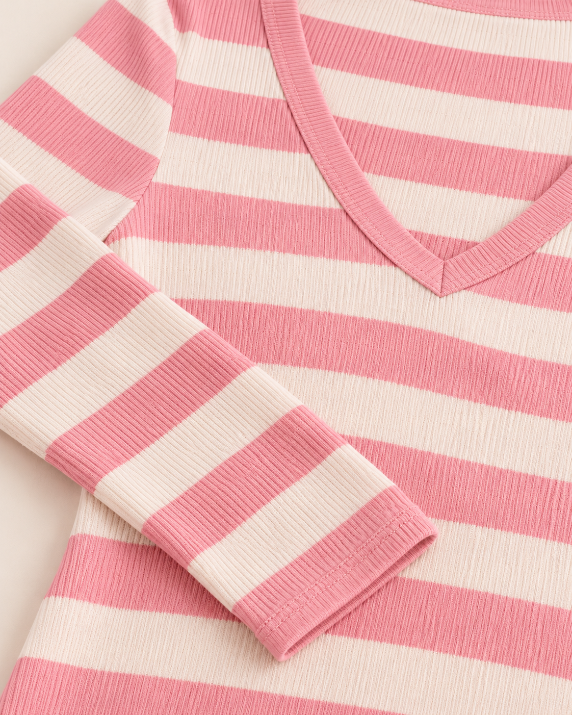 Women's Striped Long Sleeve V-Neck Maxi Dress — Pink, detail view