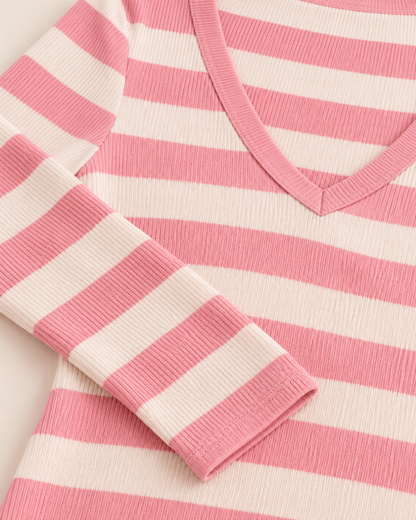Women's Striped Long Sleeve V-Neck Maxi Dress — Pink, detail view