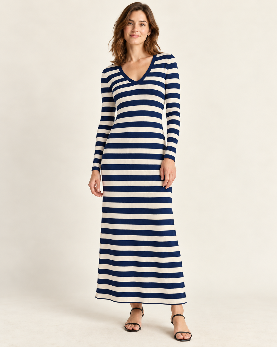 Women's Striped Long Sleeve V-Neck Maxi Dress — Dark Blue, front view