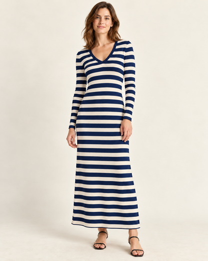 Women's Striped Long Sleeve V-Neck Maxi Dress — Dark Blue, front view