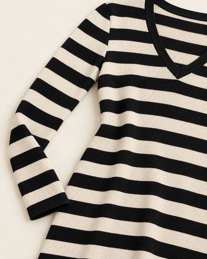 Women's Striped Long Sleeve V-Neck Maxi Dress — Black, detail view