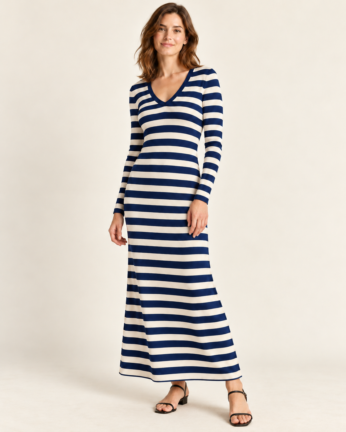 Women's Striped Long Sleeve V-Neck Maxi Dress — Dark Blue, three-quarter view