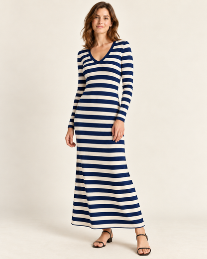 Women's Striped Long Sleeve V-Neck Maxi Dress — Dark Blue, three-quarter view