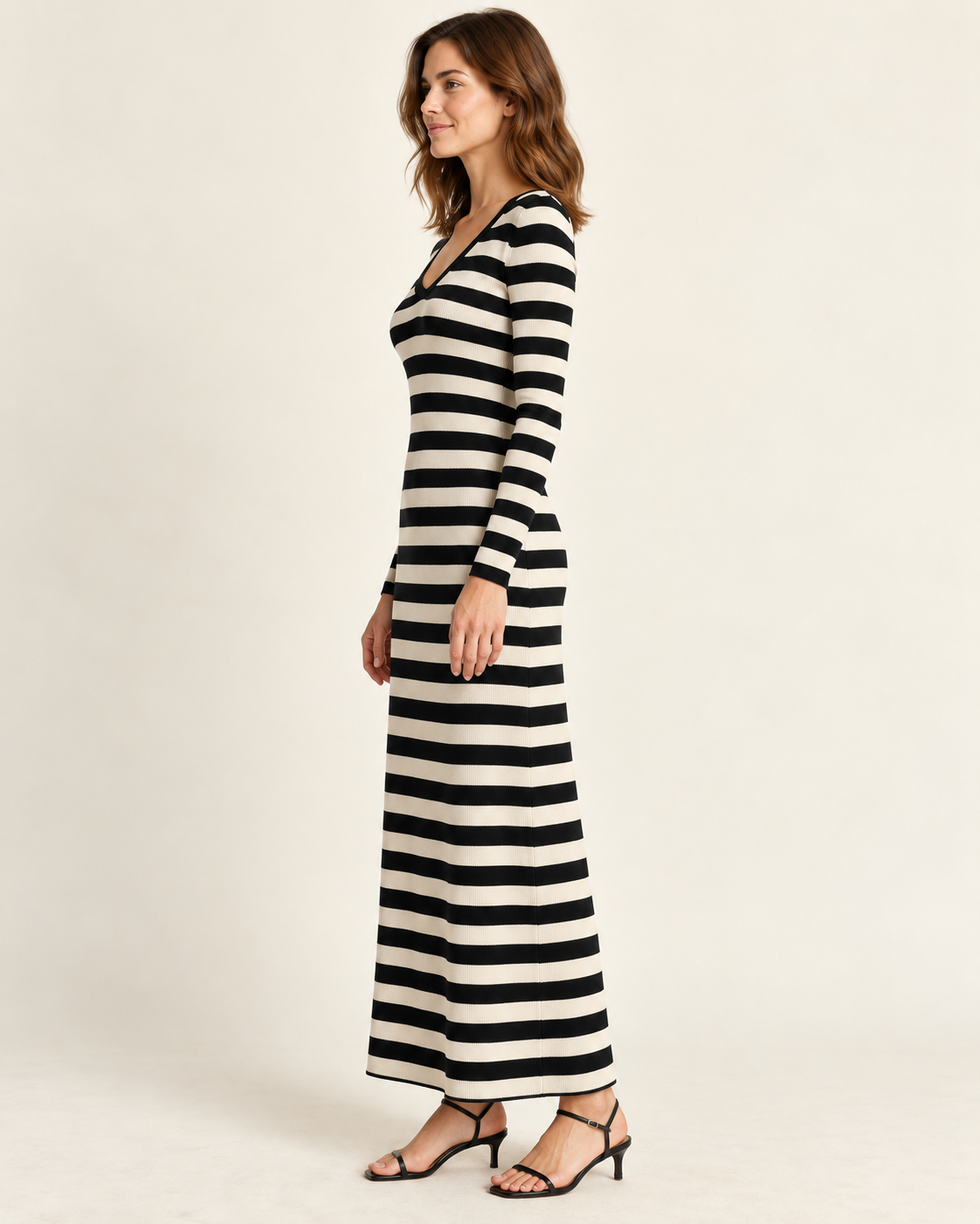 Women's Striped Long Sleeve V-Neck Maxi Dress — Black, side view