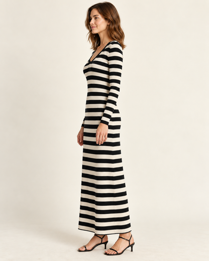Women's Striped Long Sleeve V-Neck Maxi Dress — Black, side view