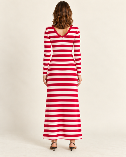 Women's Striped Long Sleeve V-Neck Maxi Dress — Rose Red, back view