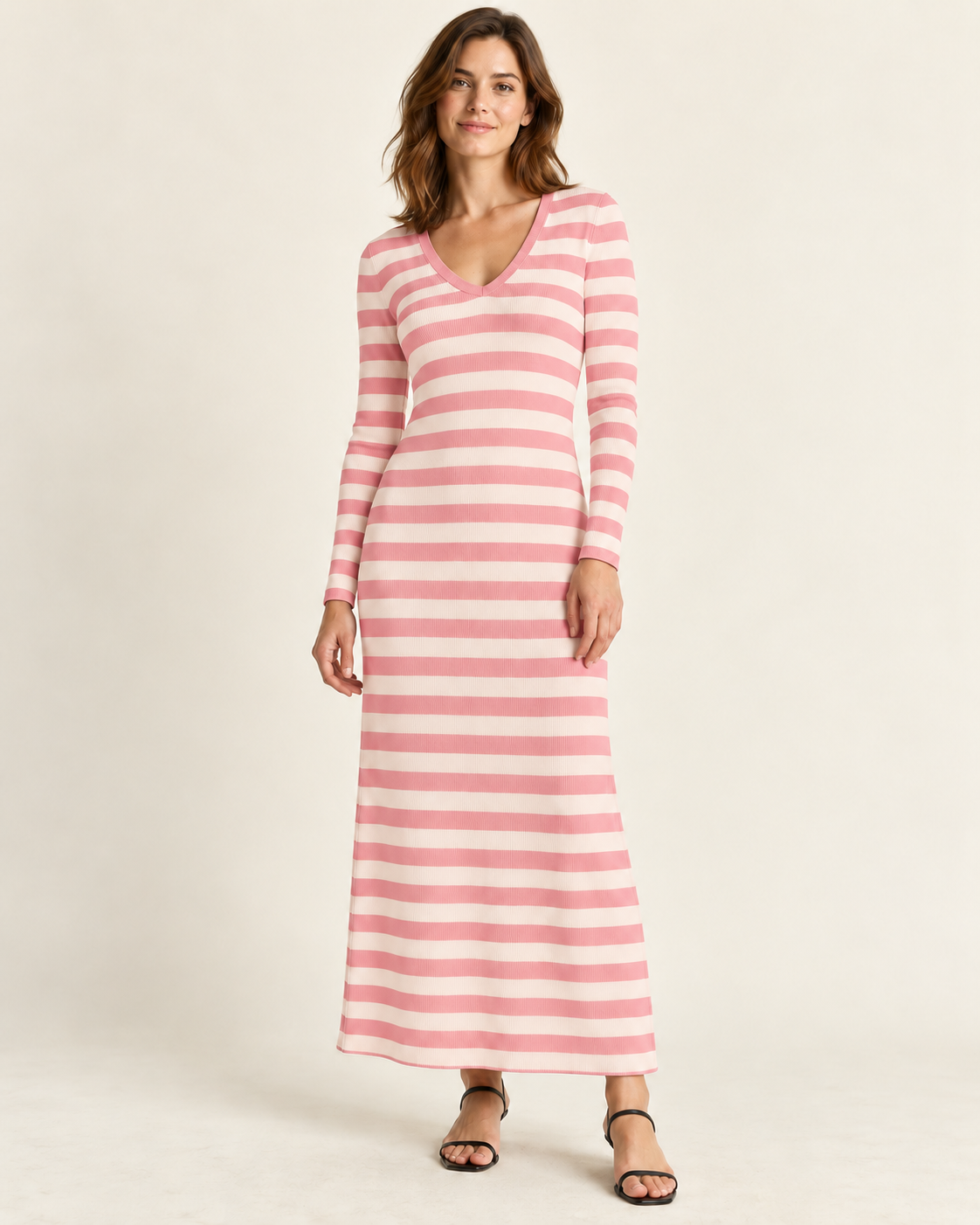 Women's Striped Long Sleeve V-Neck Maxi Dress — Pink, front view