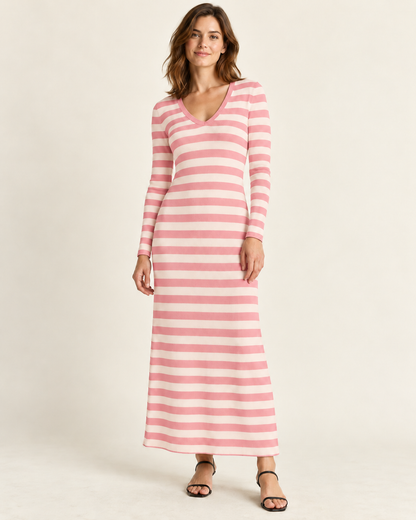 Women's Striped Long Sleeve V-Neck Maxi Dress — Pink, front view