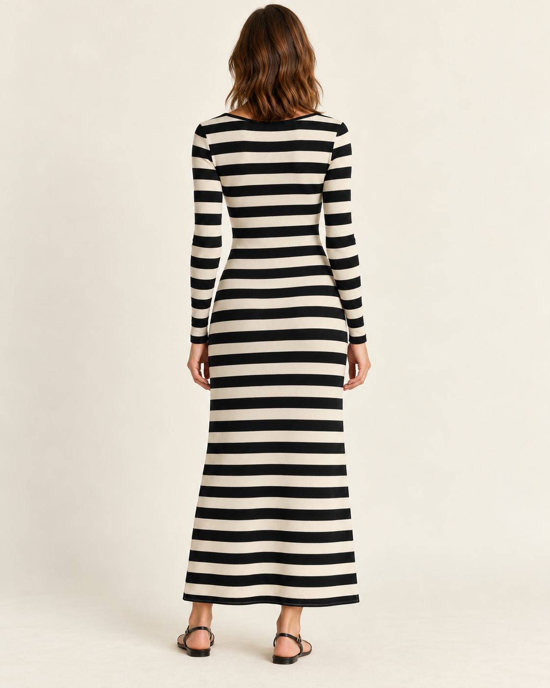 Women's Striped Long Sleeve V-Neck Maxi Dress — Black, back view