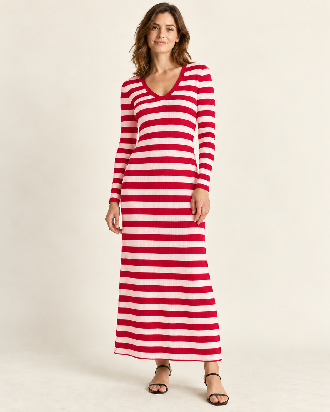 Women's Striped Long Sleeve V-Neck Maxi Dress — Rose Red, front view