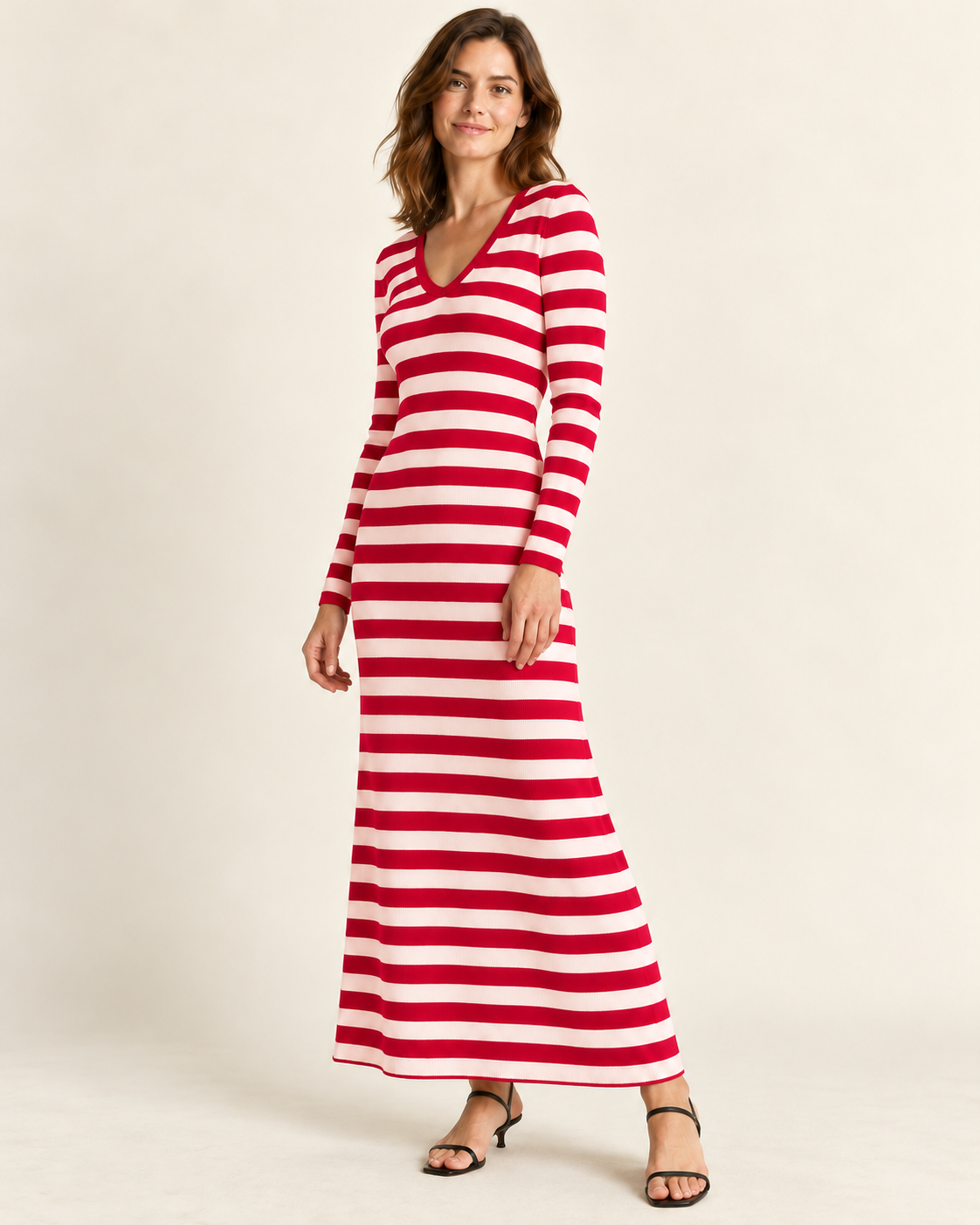 Women's Striped Long Sleeve V-Neck Maxi Dress — Rose Red, three-quarter view