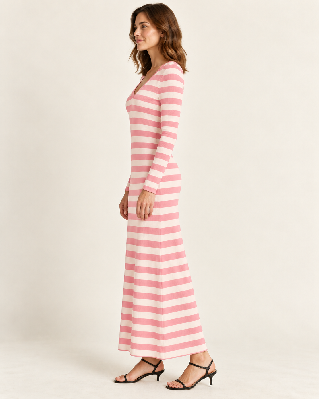 Women's Striped Long Sleeve V-Neck Maxi Dress — Pink, side view