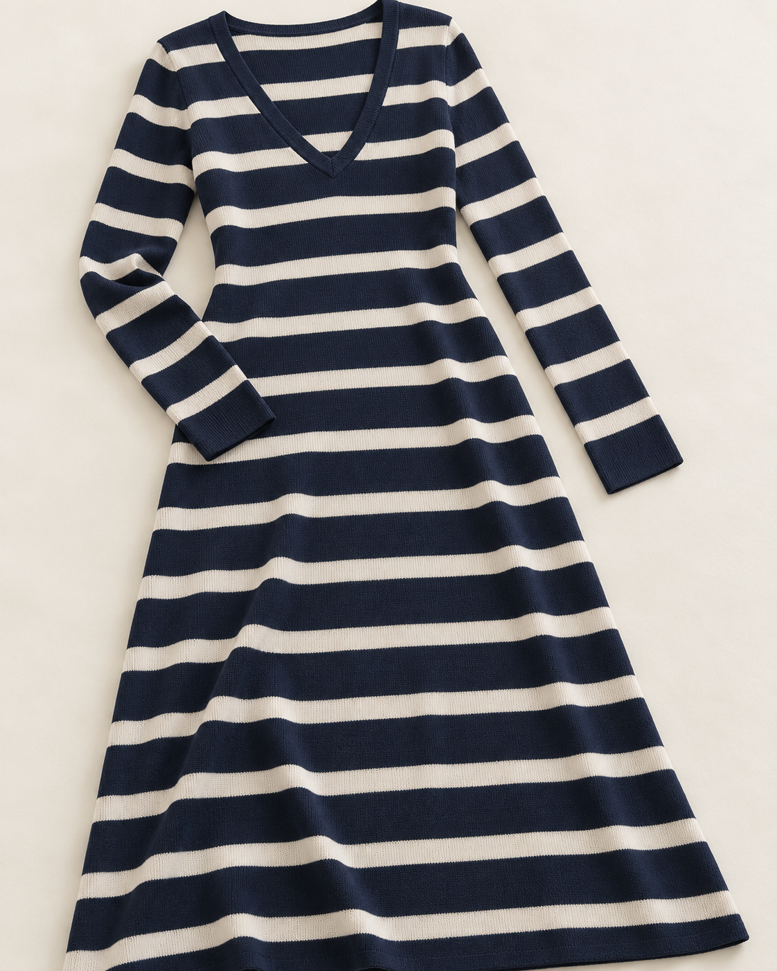 Women's Striped Long Sleeve V-Neck Maxi Dress — Dark Blue, detail view