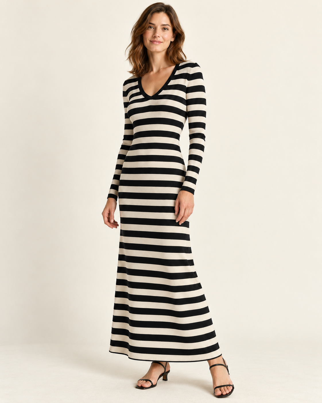 Women's Striped Long Sleeve V-Neck Maxi Dress — Black, three-quarter view