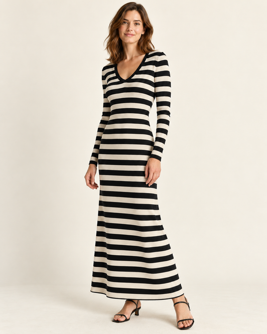 Women's Striped Long Sleeve V-Neck Maxi Dress — Black, three-quarter view