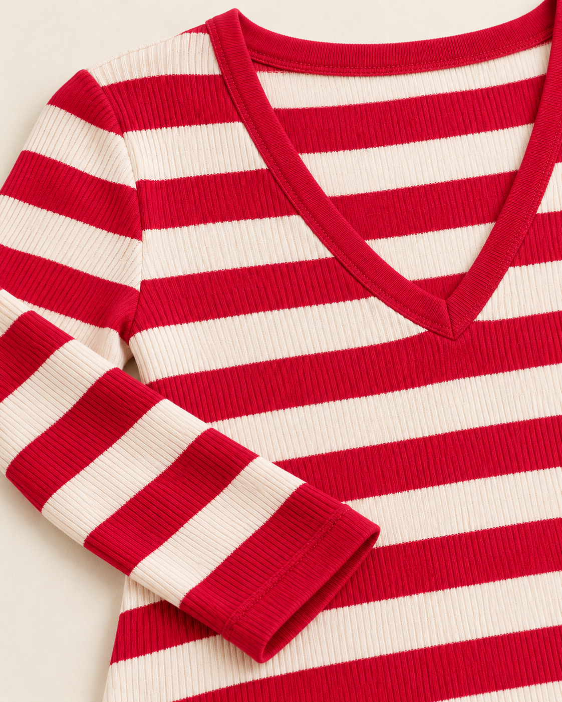 Women's Striped Long Sleeve V-Neck Maxi Dress — Rose Red, detail view