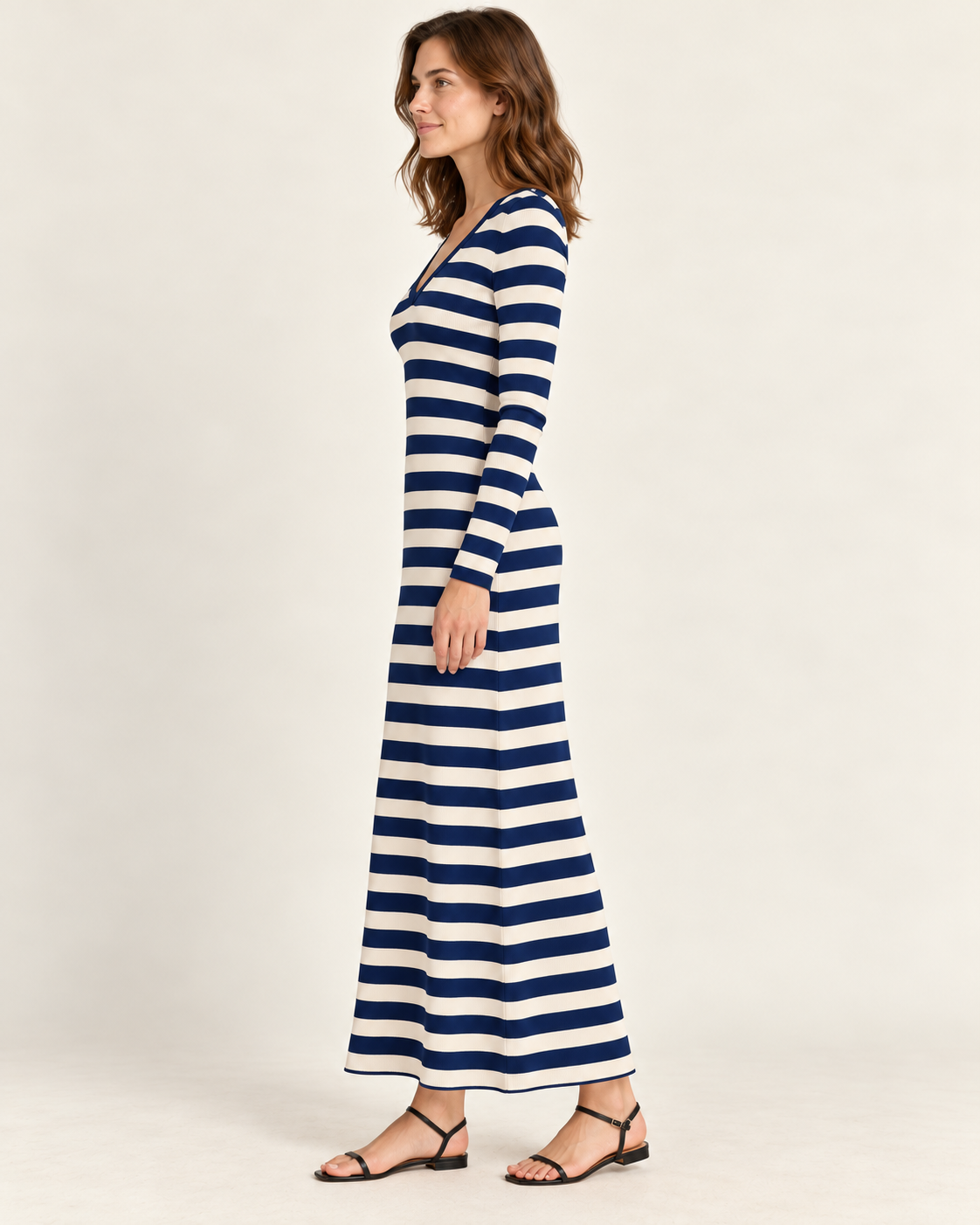 Women's Striped Long Sleeve V-Neck Maxi Dress — Dark Blue, side view