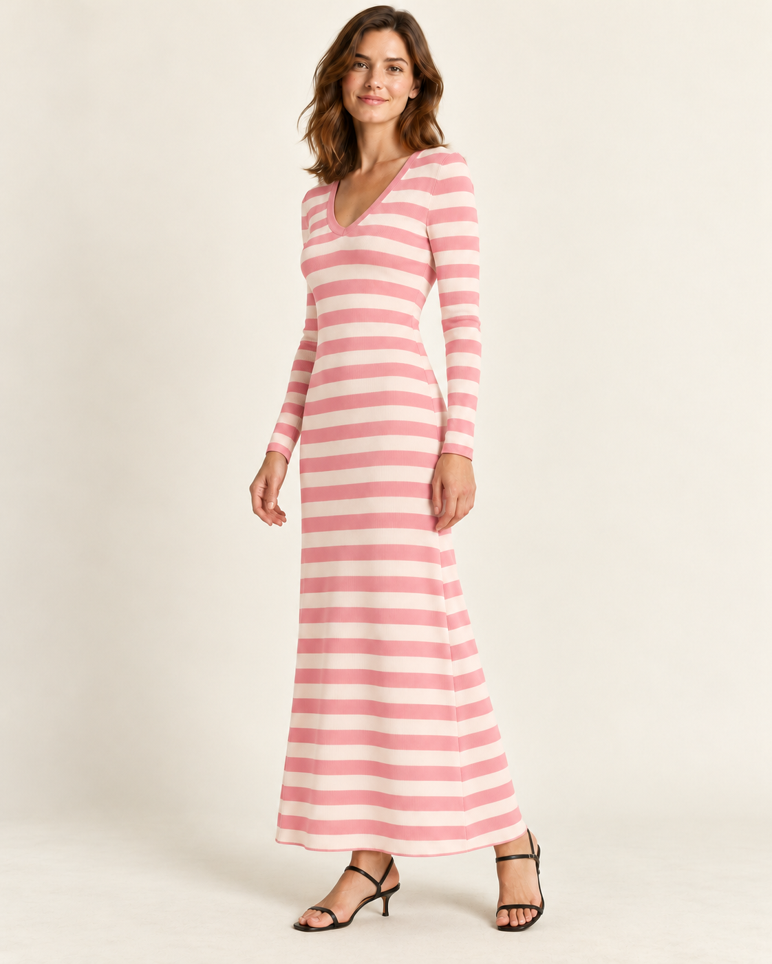 Women's Striped Long Sleeve V-Neck Maxi Dress — Pink, three-quarter view