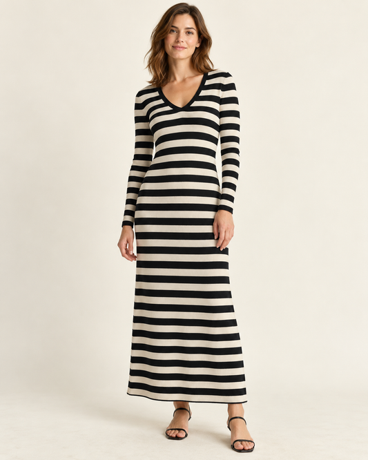 Women's Striped Long Sleeve V-Neck Maxi Dress — Black, front view