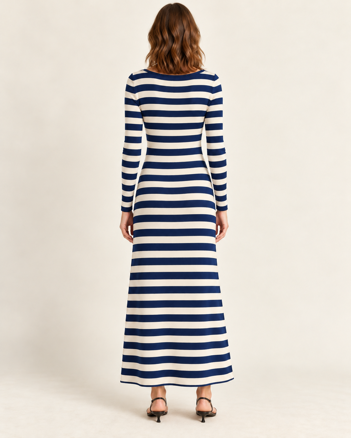Women's Striped Long Sleeve V-Neck Maxi Dress — Dark Blue, back view