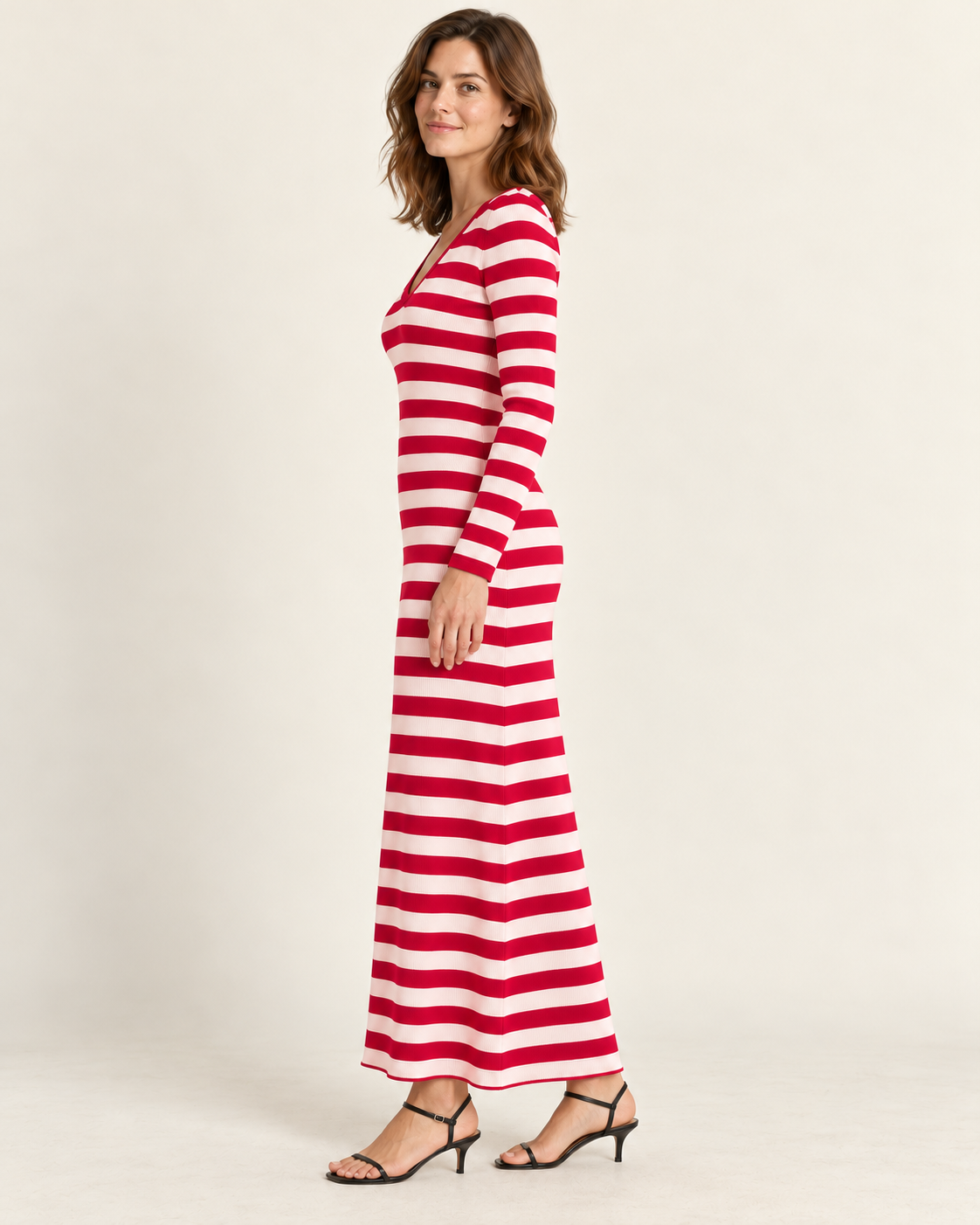 Women's Striped Long Sleeve V-Neck Maxi Dress — Rose Red, side view