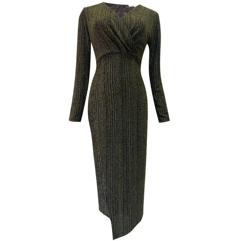 Sequin V-Neck Midi Dress – Slim-Fit Elegant A-Line