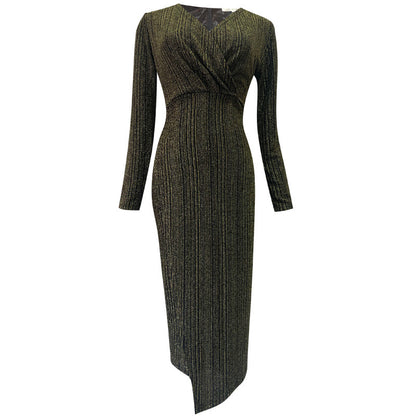 Sequin V-Neck Midi Dress – Slim-Fit Elegant A-Line