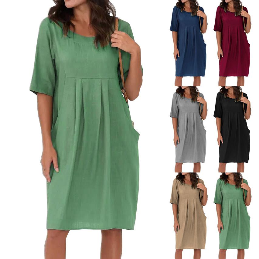 Cotton Linen Casual Midi Dress With Pockets