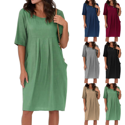 Cotton Linen Casual Midi Dress With Pockets