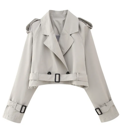 Women’s Belted Short Trench Coat With Long Sleeves