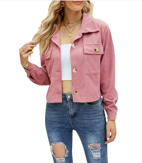 Women’s Corduroy Cropped Jacket – Casual Loose Fit