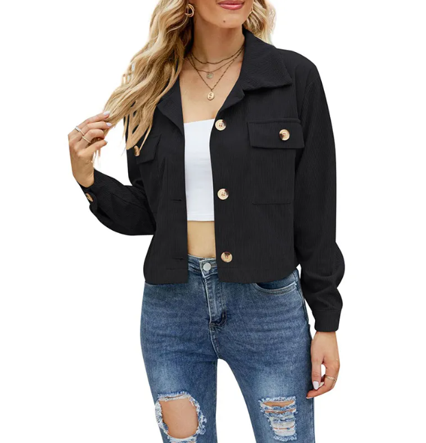 Women’s Corduroy Cropped Jacket – Casual Loose Fit