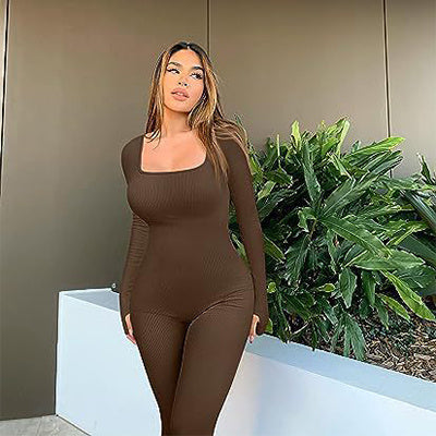 Women's Long Sleeve Yoga Jumpsuit With Square Neck