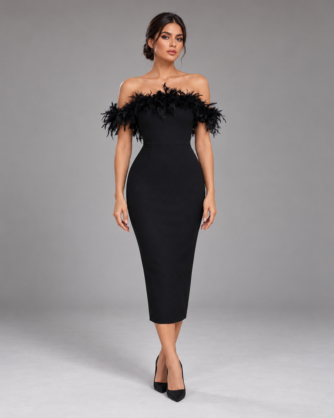 Black off-shoulder feather dress, full-length front view