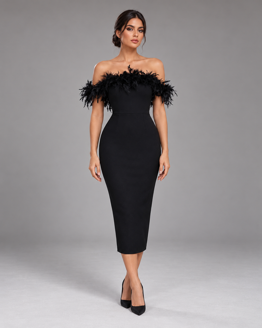 Black off-shoulder feather dress, full-length front view