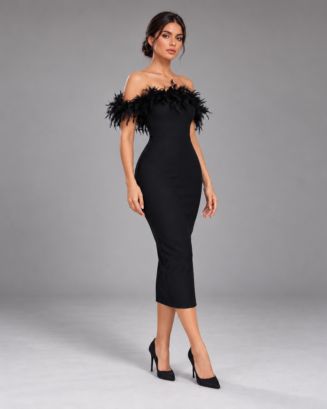 Black off-shoulder feather dress, full-length three-quarter view
