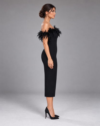 Black off-shoulder feather dress, full-length side view