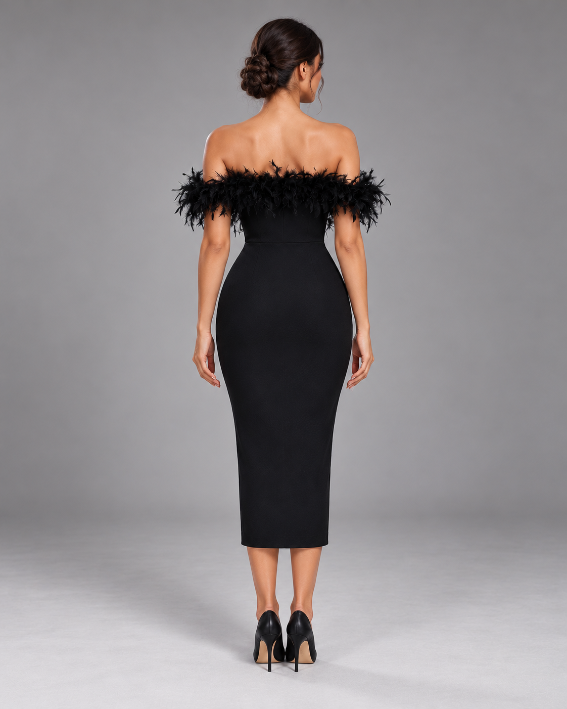 Black off-shoulder feather dress, full-length rear view