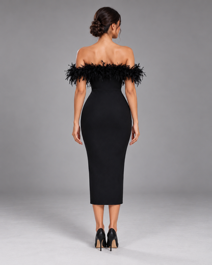 Black off-shoulder feather dress, full-length rear view