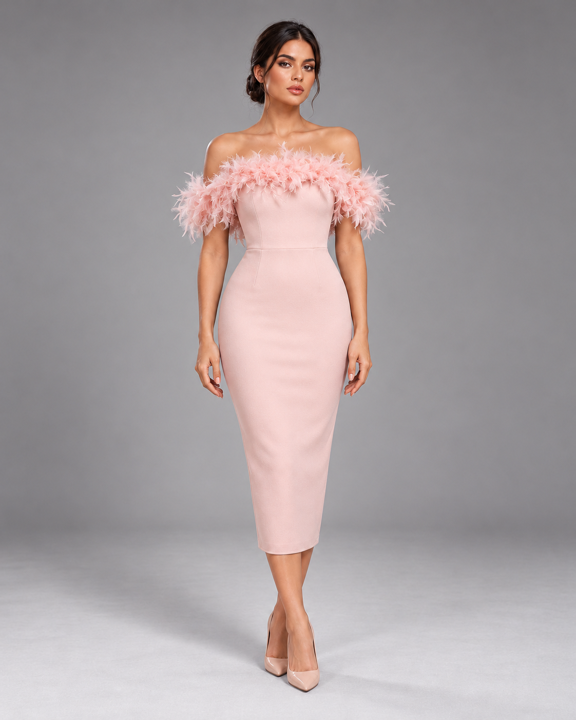 Pink off-shoulder feather dress, full-length front view
