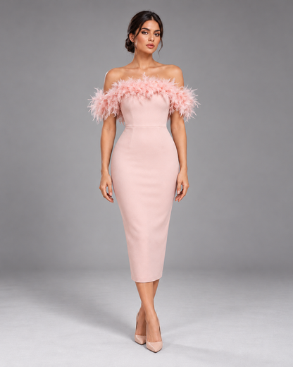 Pink off-shoulder feather dress, full-length front view