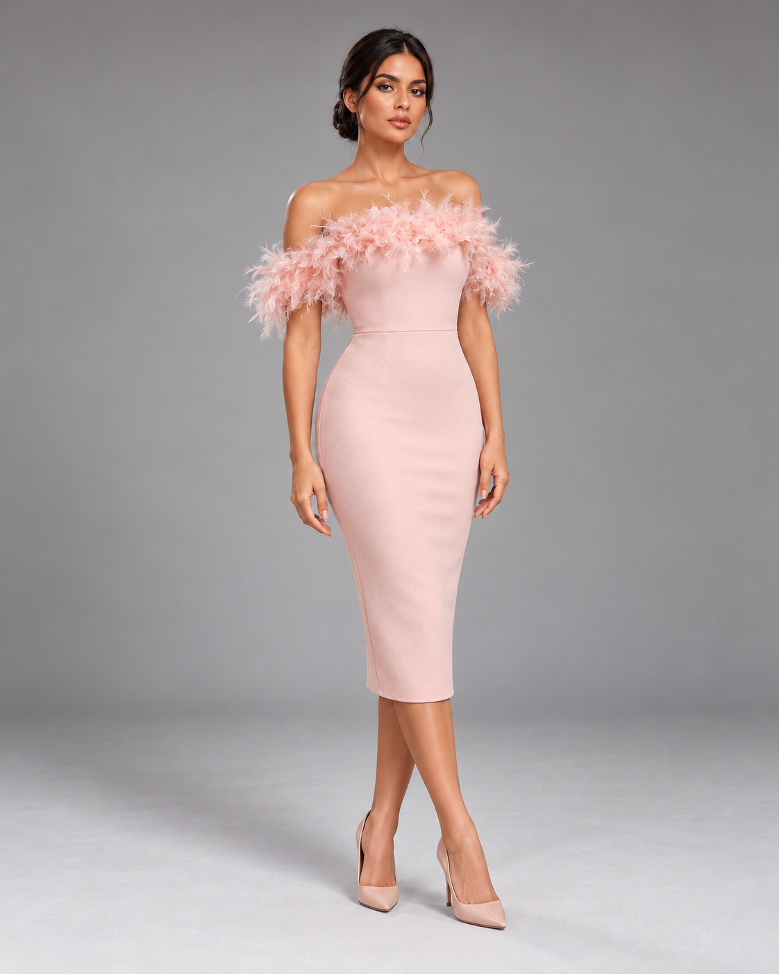 Pink off-shoulder feather dress, full-length three-quarter view