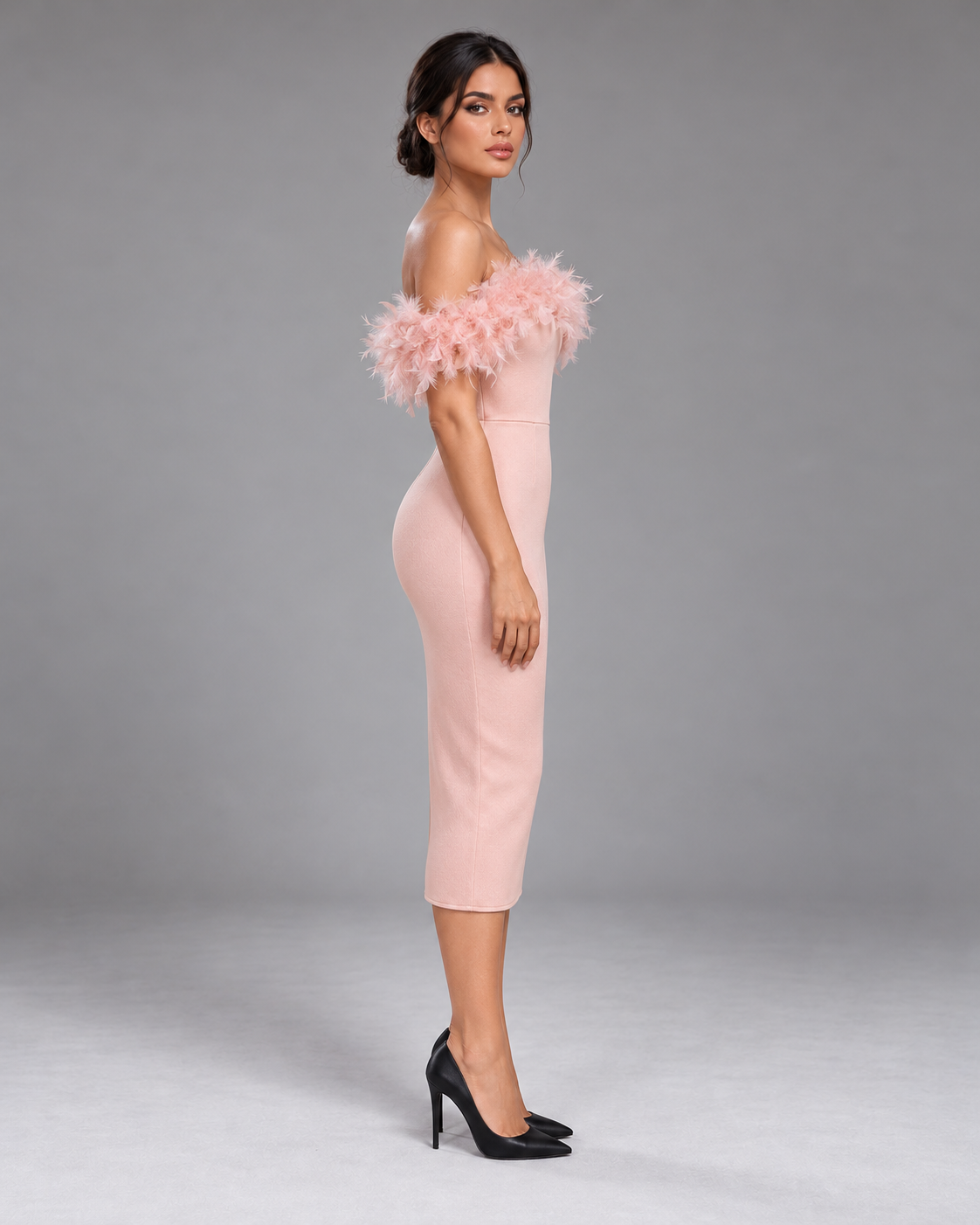 Pink off-shoulder feather dress, full-length side view