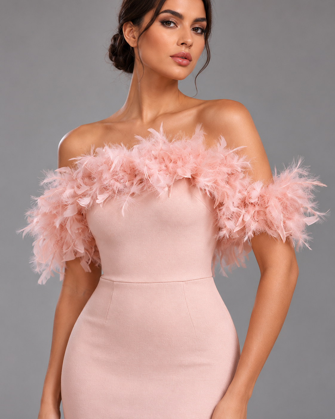 Pink off-shoulder feather dress, feather and bodice detail