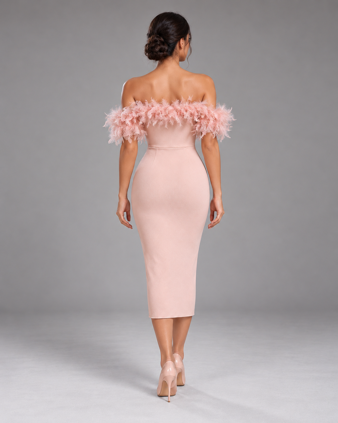 Pink off-shoulder feather dress, full-length rear view