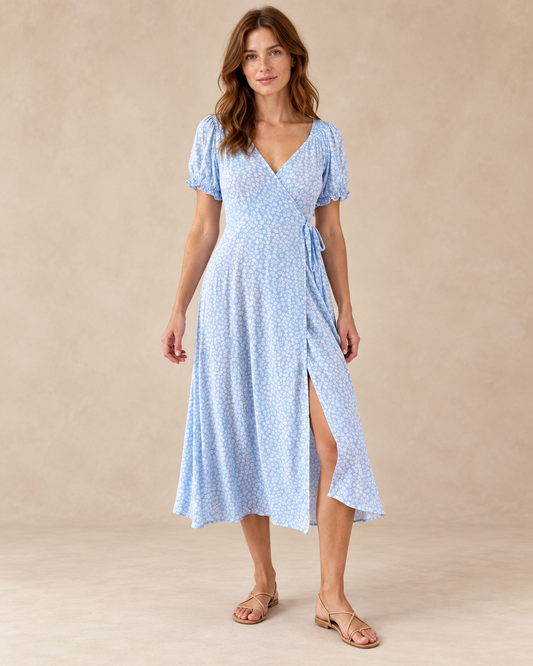 Women's Floral V-Neck High-Waist Dress — Light Blue — front view