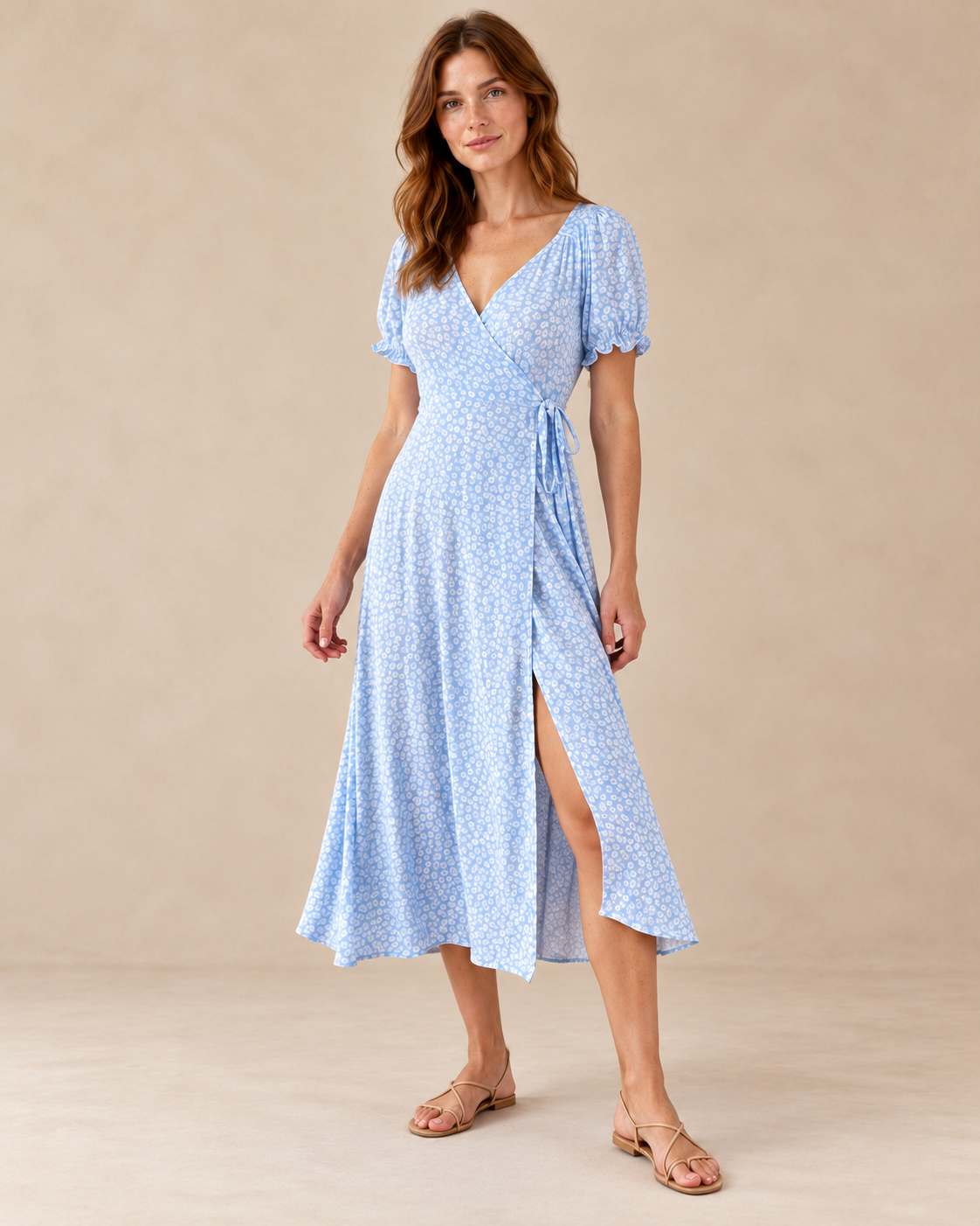 Women's Floral V-Neck High-Waist Dress — Light Blue — three-quarter view